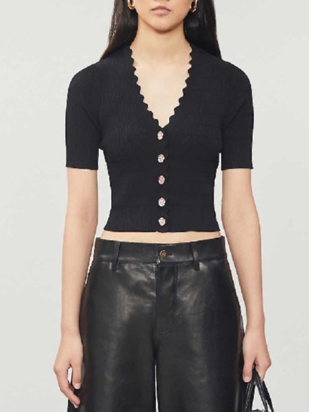 Sandro Cecil Scalloped Ribbed Knitted Cardigan Top in Black